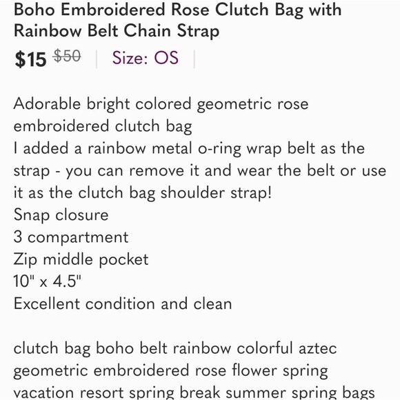 Boho Embroidered Rose Clutch Bag with Rainbow Belt Chain Strap - Picture 11 of 11